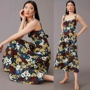 Anthropologie Maeve Marigold midi Dress 4P Black Yellow Floral Sleeveless